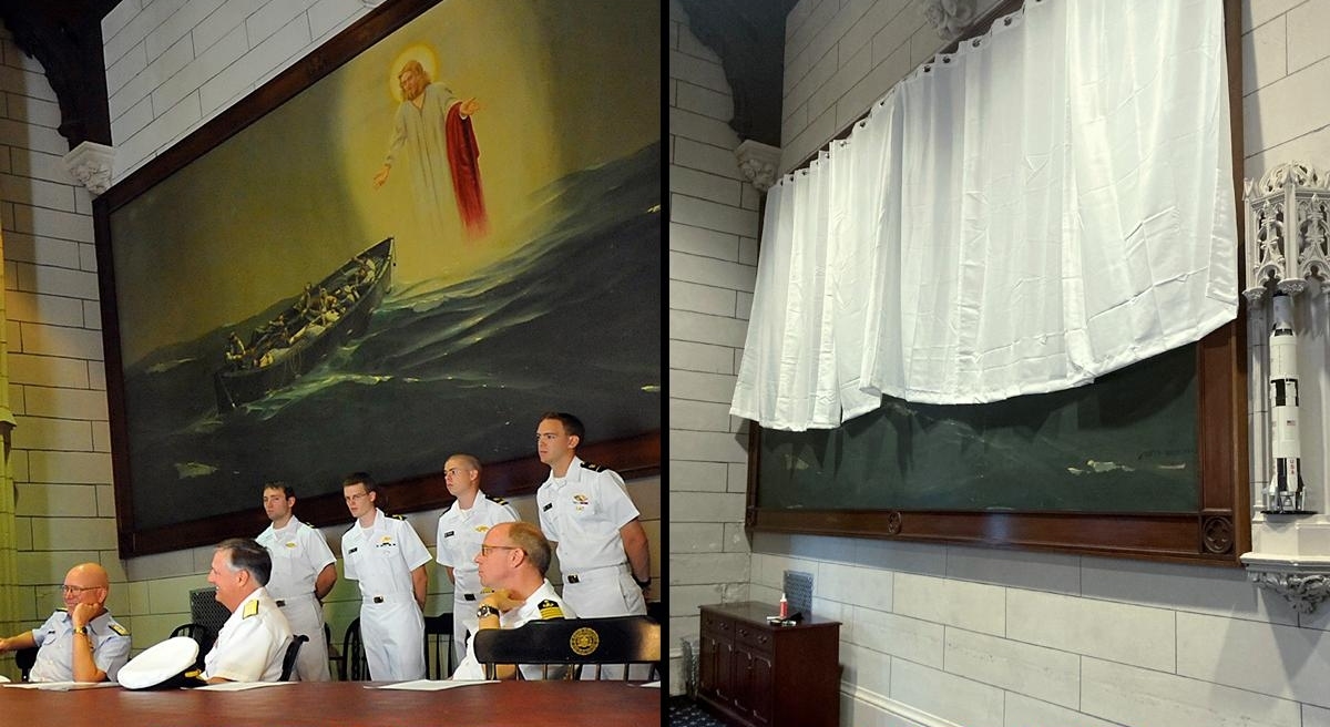 A before and after photo depicting how a painting of Jesus at the U.S. Merchant Marine Academy in Kings Point, New York, is now obscured by a curtain. (Before: U.S. Coast Guard; After: U.S. Merchant Marine Academy.)