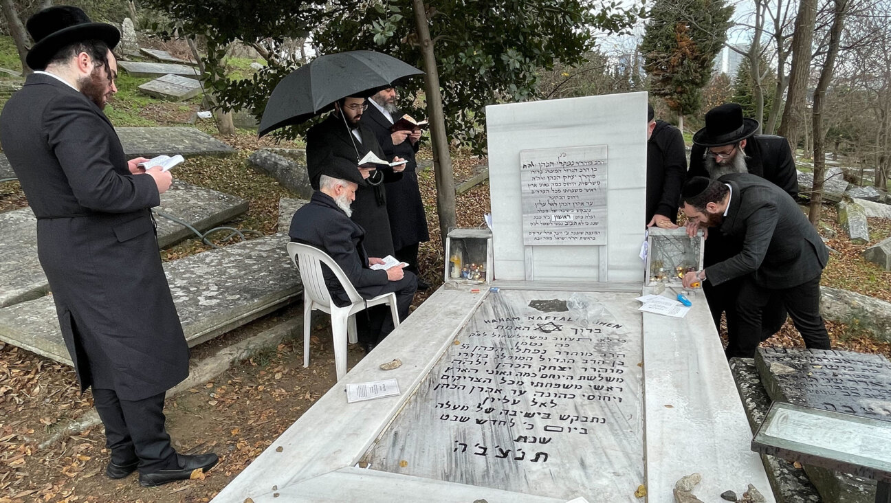 Haredi Orthodox pilgrims pray at the grave of Rabbi Naphtali Tzvi Katz, a 17th-century Kabbalist, in the Ortakoy neighborhood of Istanbul, Jan. 17, 2023. (David I. Klein)