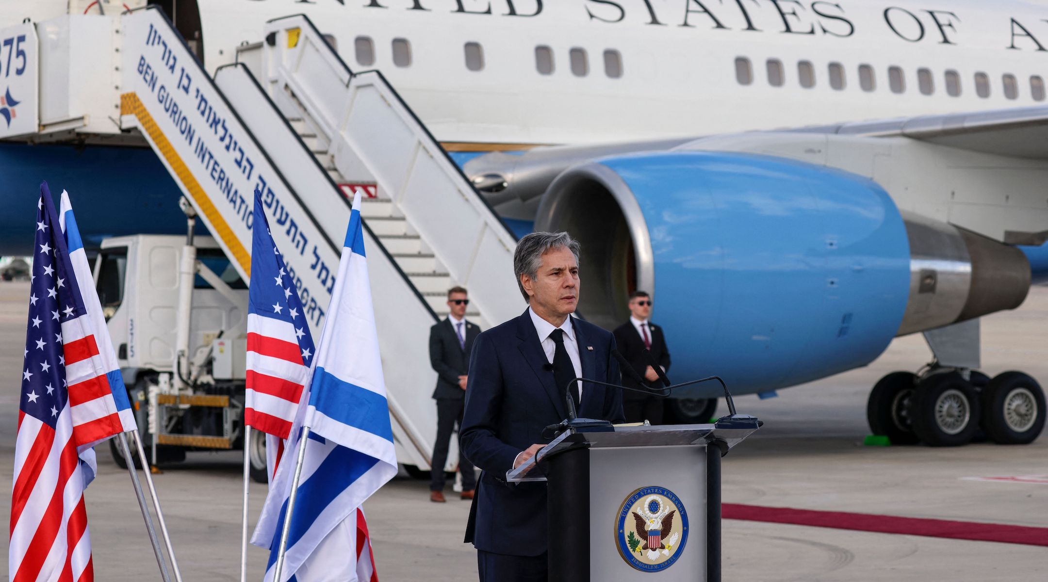 Secretary of State Antony Blinken delivers a statement upon arrival at Israel’s Ben Gurion Airport near Tel Aviv, Jan. 30, 2023. (Ronaldo Schemidt/Pool/AFP via Getty Images)