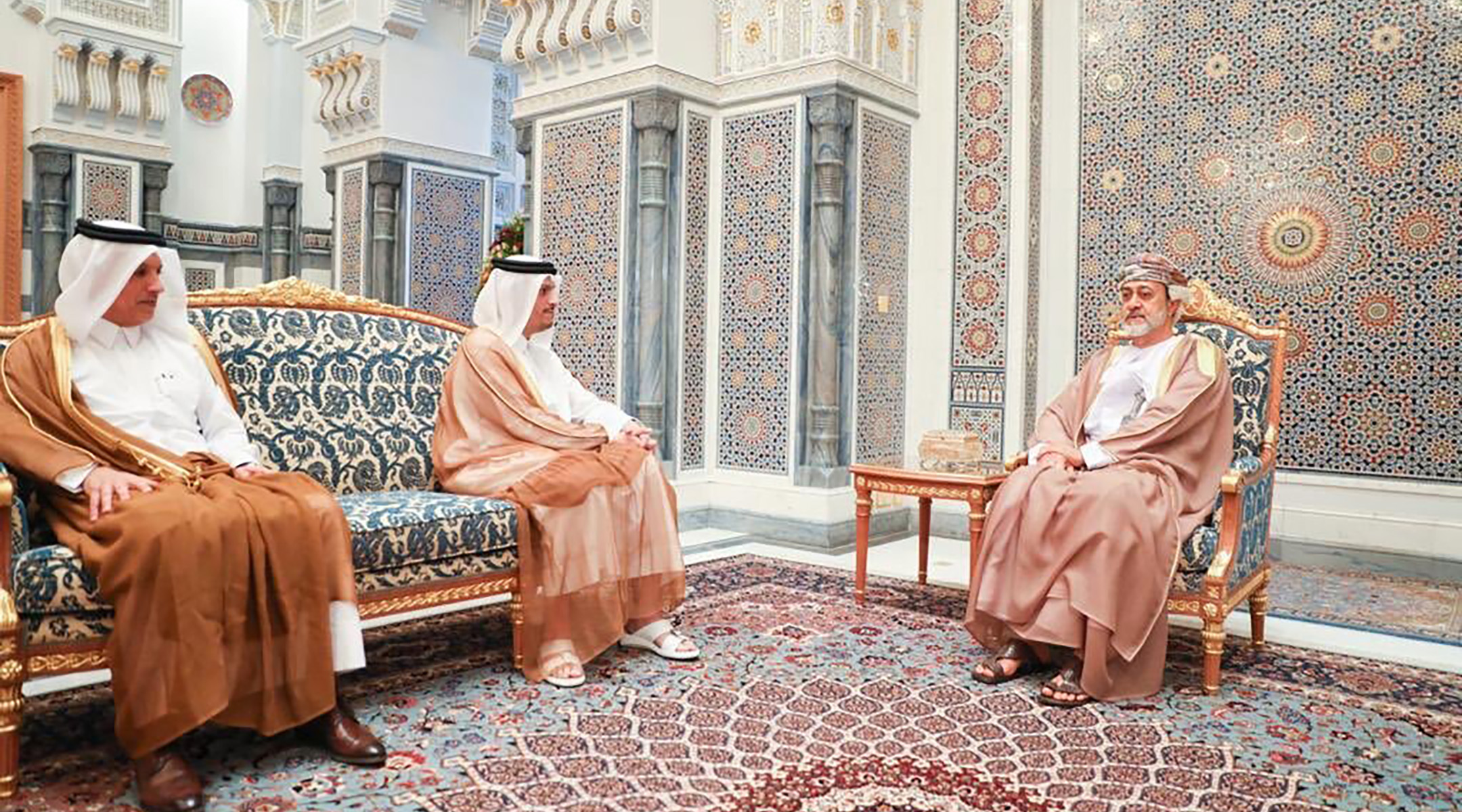 Omani Sultan Haitham bin Tarik al-Said, right, meets with Omani Foreign Minister Mohammed bin Abdulrahman Al-Thani in Muscat, Oman, May 21, 2020. (Qatari Foreign Ministry/Handout/Anadolu Agency via Getty Images)