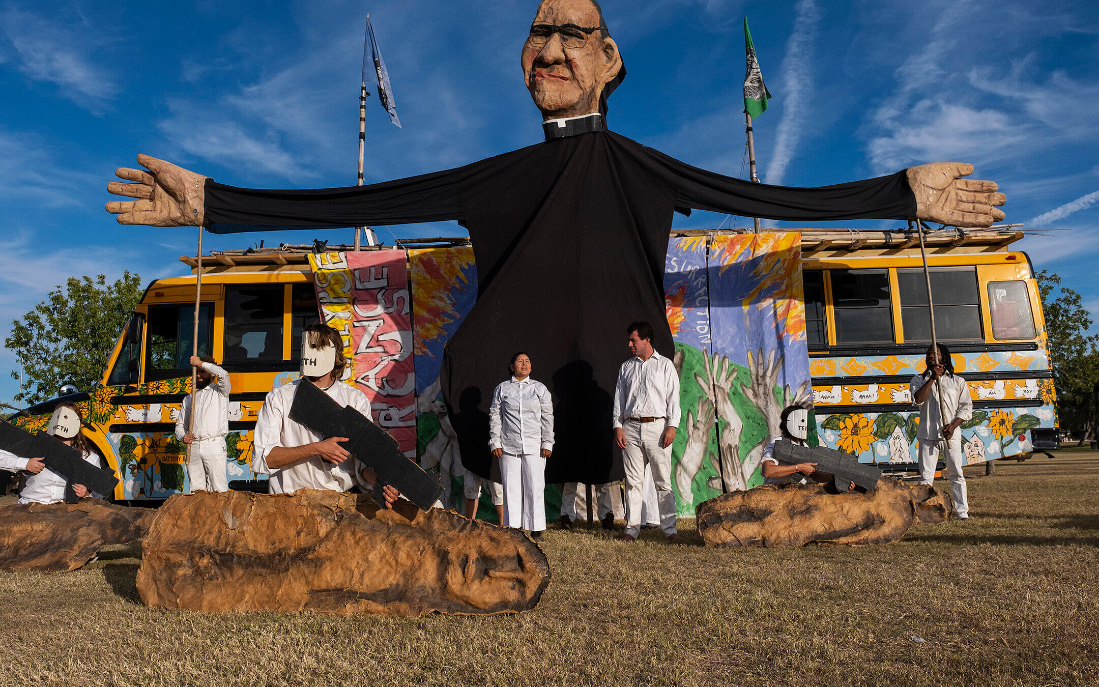 Bread and Puppet is a decidedly anti-war, anti-capitalist troupe, which has performed shows about atrocities in Vietnam, Central America, Bosnia, Afghanistan and Iraq. In this photo, a puppet portrays the late Salvadoran archbishop Oscar Romero during a performance of the 'Apocalypse Defiance Circus,' 2022. 