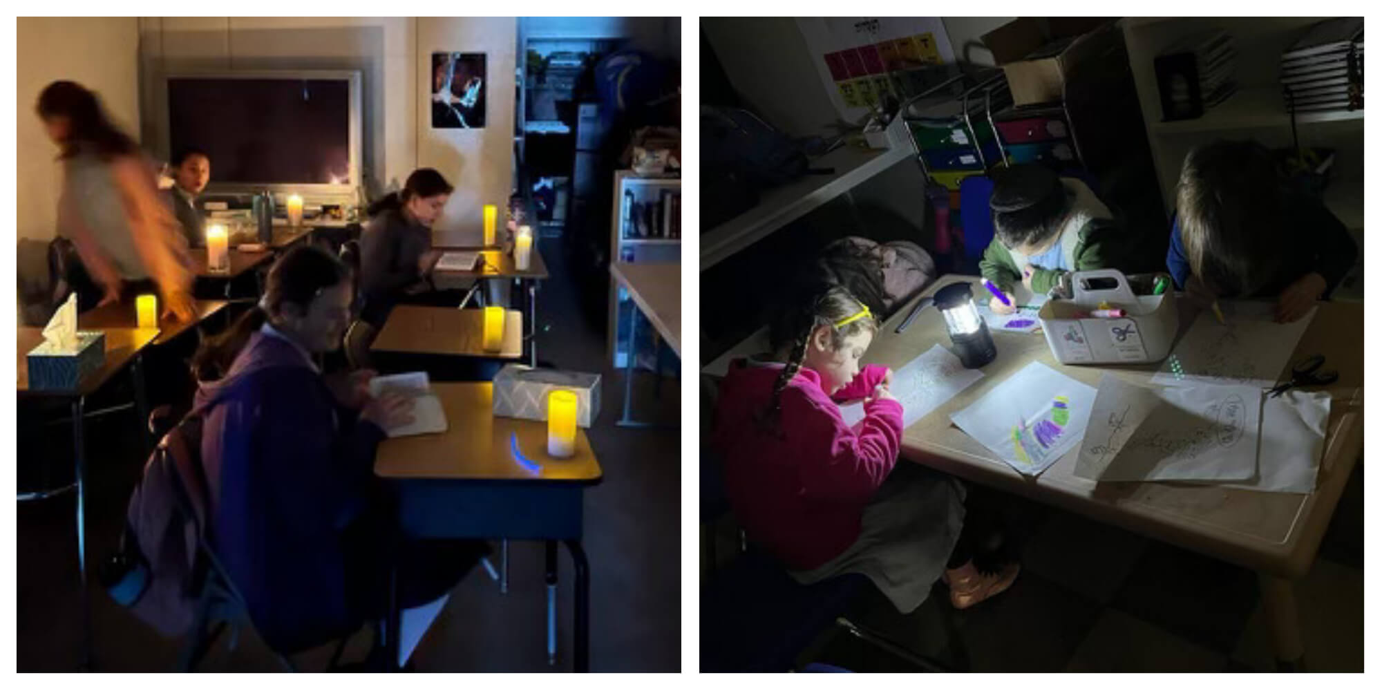 Cheder of the Bay Area students learn by candlelight during a power outage Wednesday.