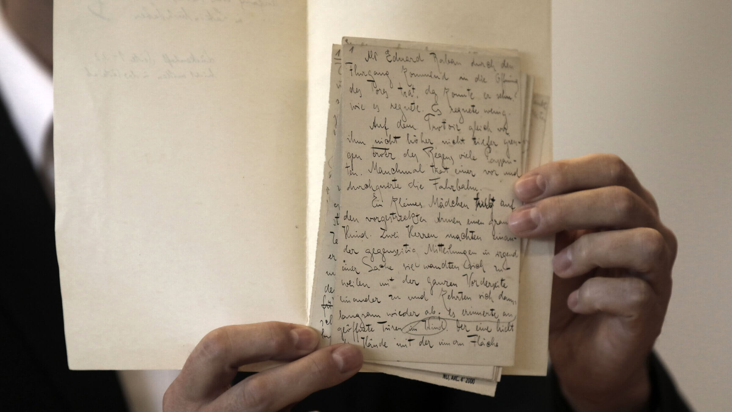 Franz Kafka's manuscripts are displayed during a 2019 press conference at the National Library of Israel in Jerusalem.