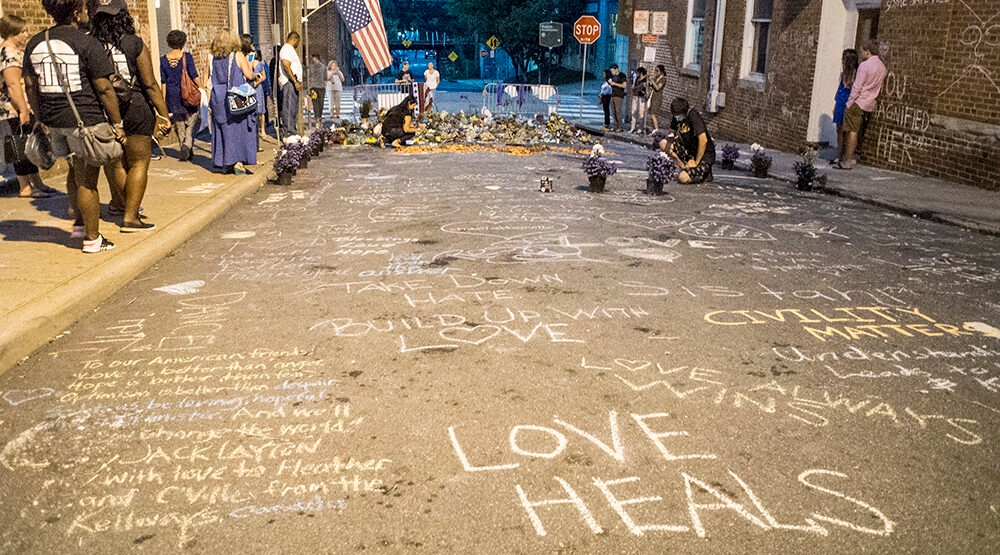 A memorial for Heather Heyer who was killed. On August 12, 2017, a car was deliberately driven into a crowd of people who had been peacefully protesting the Unite the Right rally in Charlottesville, Virginia, killing one and injuring 28. (Getty Images)