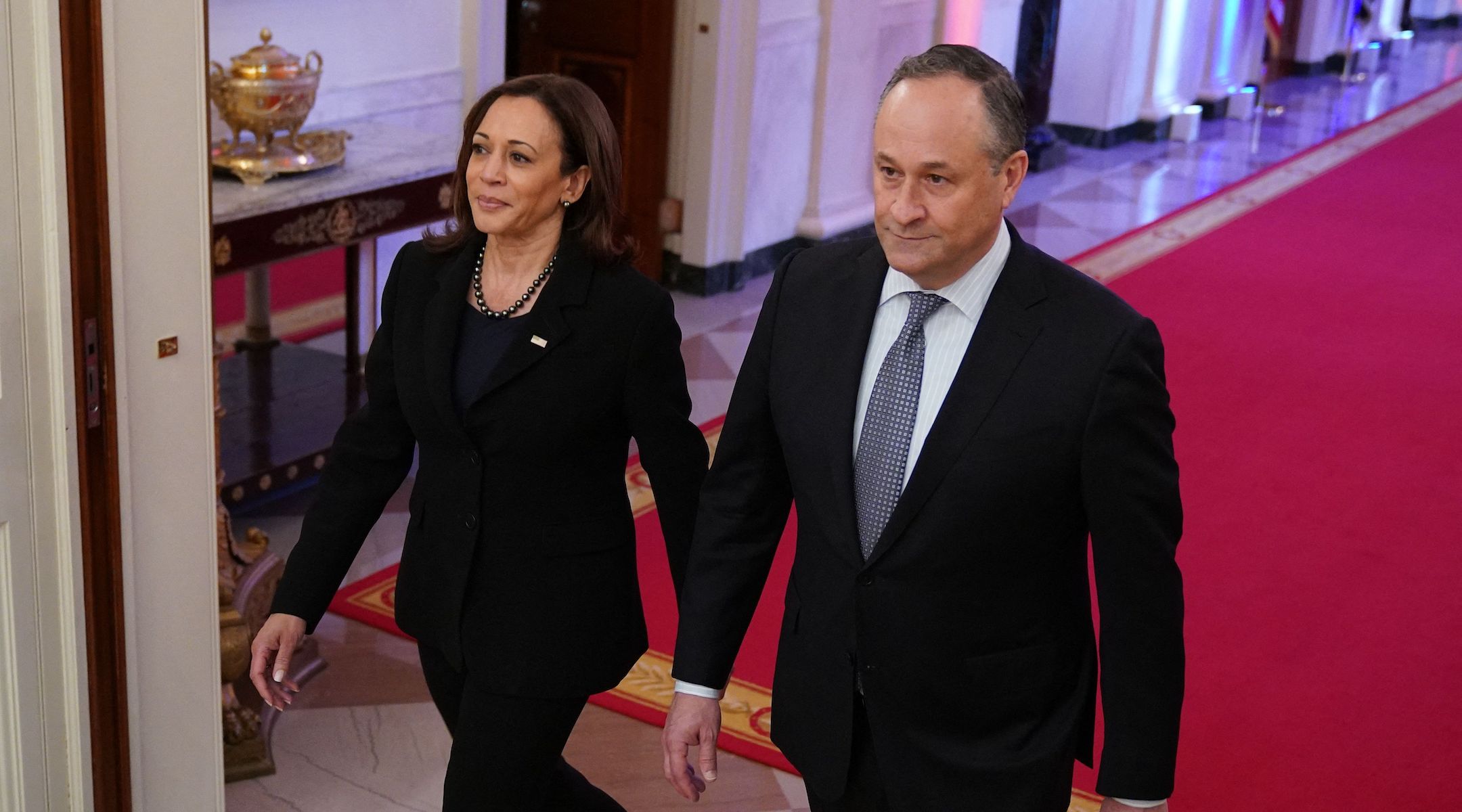 Vice President Kamala Harris and second gentleman Doug Emhoff arrive in the East Room of the White House, Jan. 6, 2023. (Mandel Ngan/AFP via Getty Images)