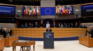 Israeli President Isaac Herzog gives a speech on the commemoration of the International Holocaust Remembrance Day at the European Parliament in Brussels, Jan. 26, 2023. (John Thys/AFP via Getty Images)