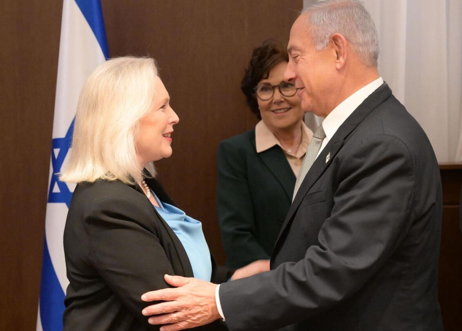Israeli Prime Minister Benjamin Netanyahu greeting U.S. Sen. Kirsten Gillibrand (D-N.Y.), during a visit to Israel on Jan. 18, 2023. 