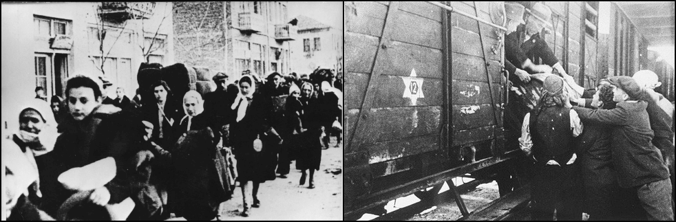 Left: Jews being deported from Macedonia to Treblinka, March 1943 (Yad Vashem). Right:  Jews loading water barrel onto deportation train, Skopje, March 1943 (United States Holocaust Memorial Museum/Central Zionist Archives).