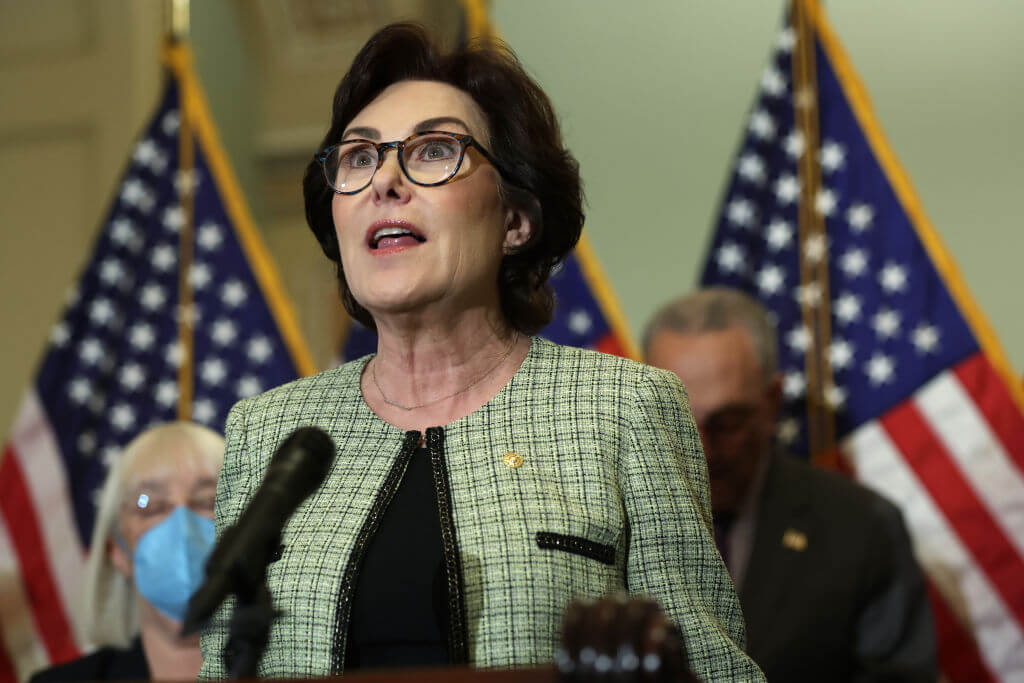U.S. Sen. Jacky Rosen (D-NV) speaks to members of the press after a weekly Senate Democratic policy luncheon at the U.S. Capitol May 10, 2022.