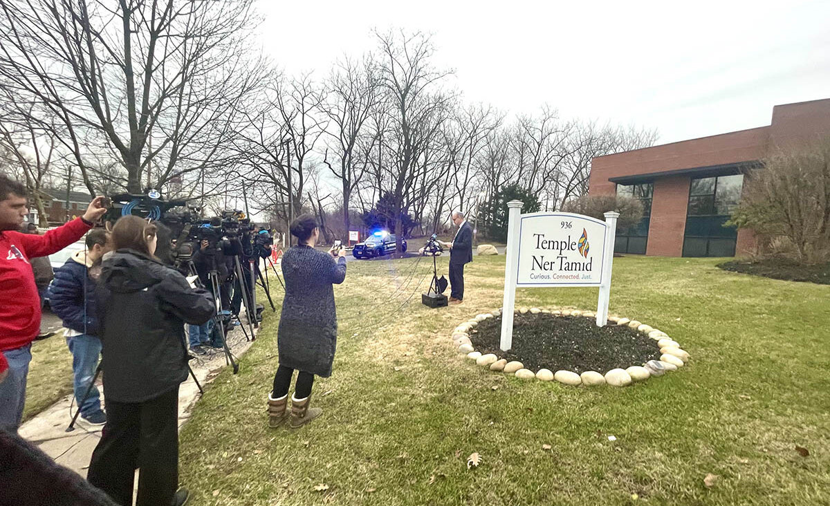 A press conference was held Jan. 29, 2023, outside Temple Ner Tamid In Bloomfield, N.J.
