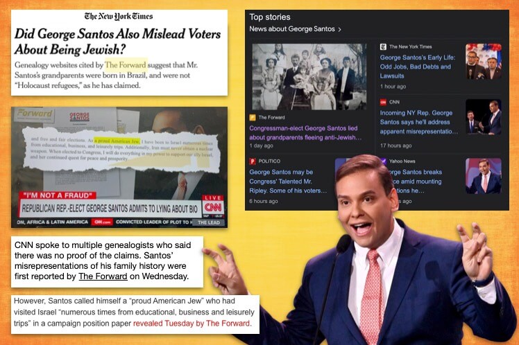 A collage of headlines about George Santos.