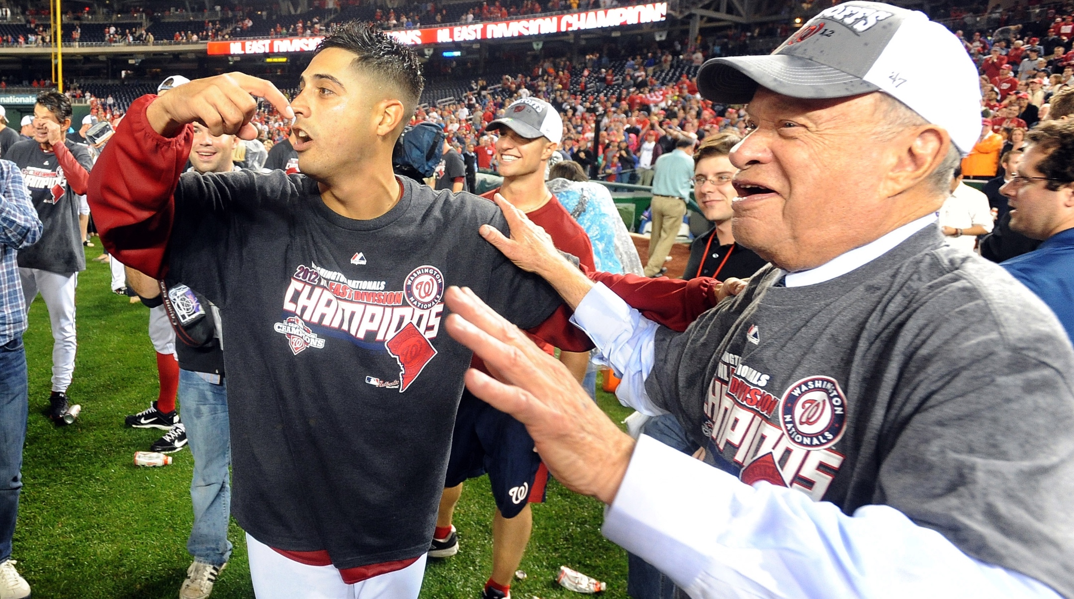 Gio Gonzalez #47 of the Washington Nationals celebrates with owner Ted Lerner after winning the National League East Division Championship after the game against the Philadelphia Phillies at Nationals Park, Oct. 1, 2012 (G Fiume/Getty Images)