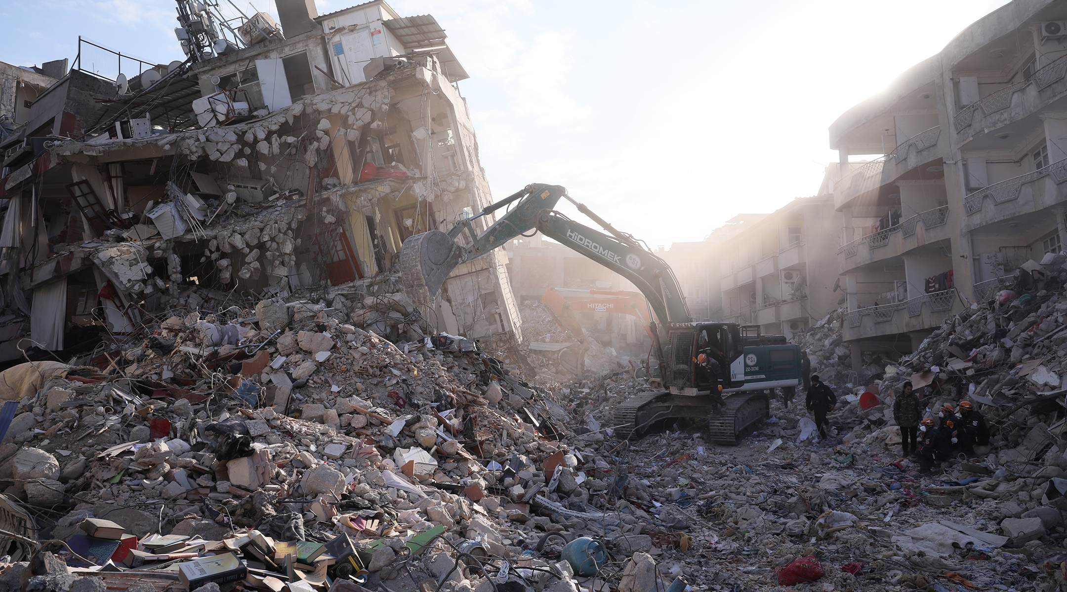 Demolishing works and debris removal efforts continue in Antakya, Turkey, Feb. 16, 2023. (Erhan Sevenler/Anadolu Agency via Getty Images)