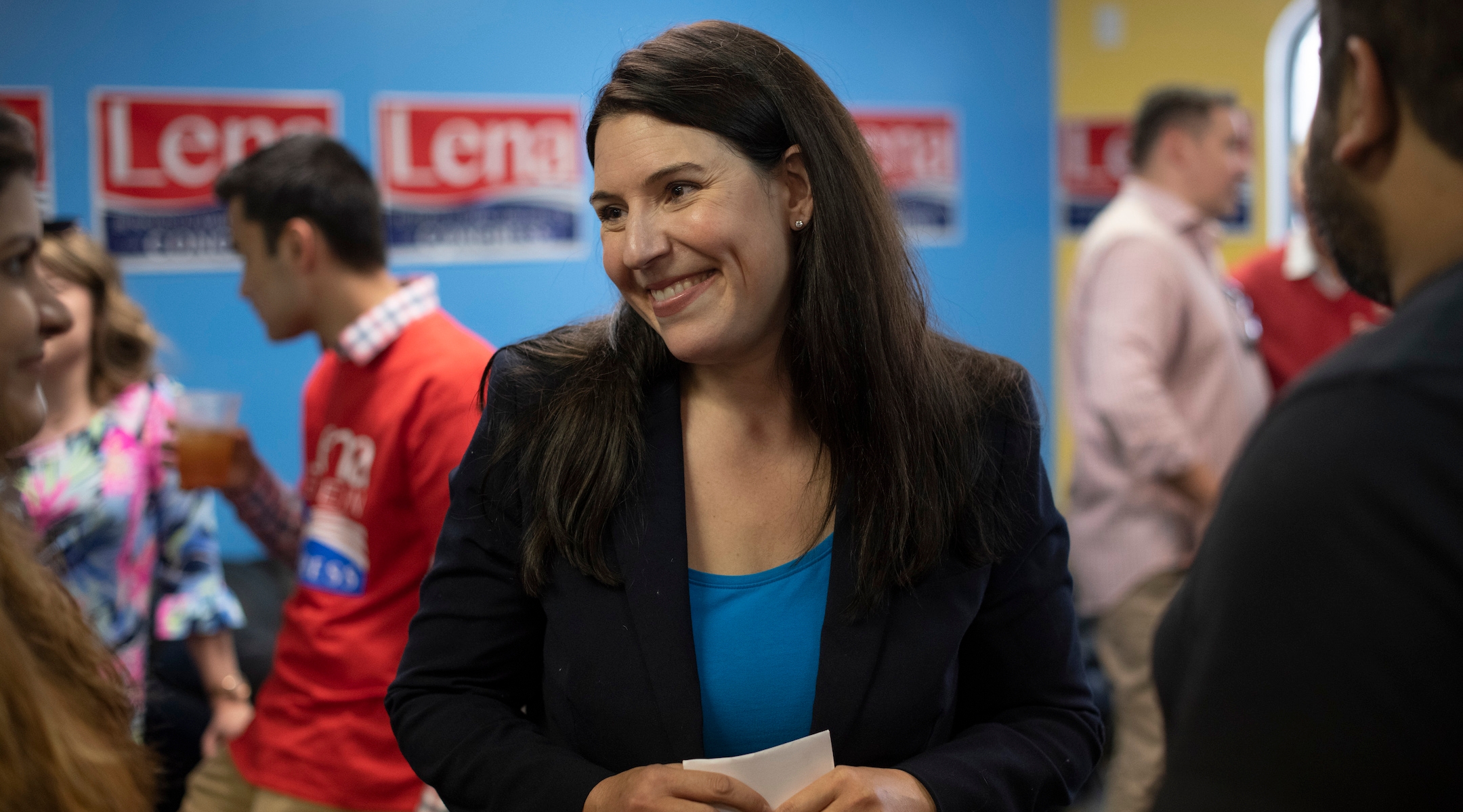 Lena Epstein shown as she greets guests during her campaign for Congress, May 5, 2018. (Rachel Woolf for The Washington Post via Getty Images)