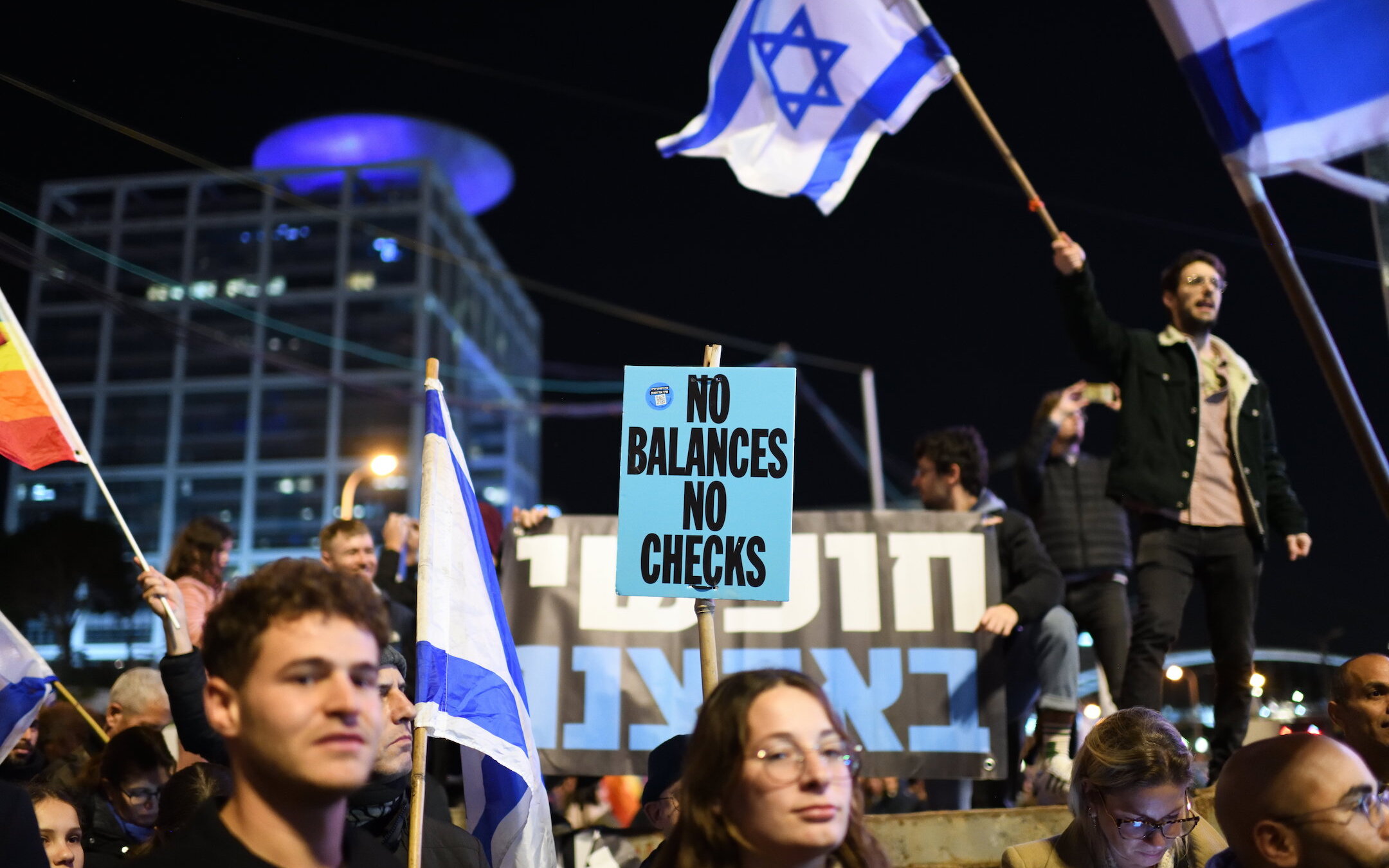 Thousands of Israeli protesters rally against Prime Minister Benjamin Netanyahu’s new government in Tel Aviv, Feb. 11, 2023. (Gili Yaari/NurPhoto via Getty Images)
