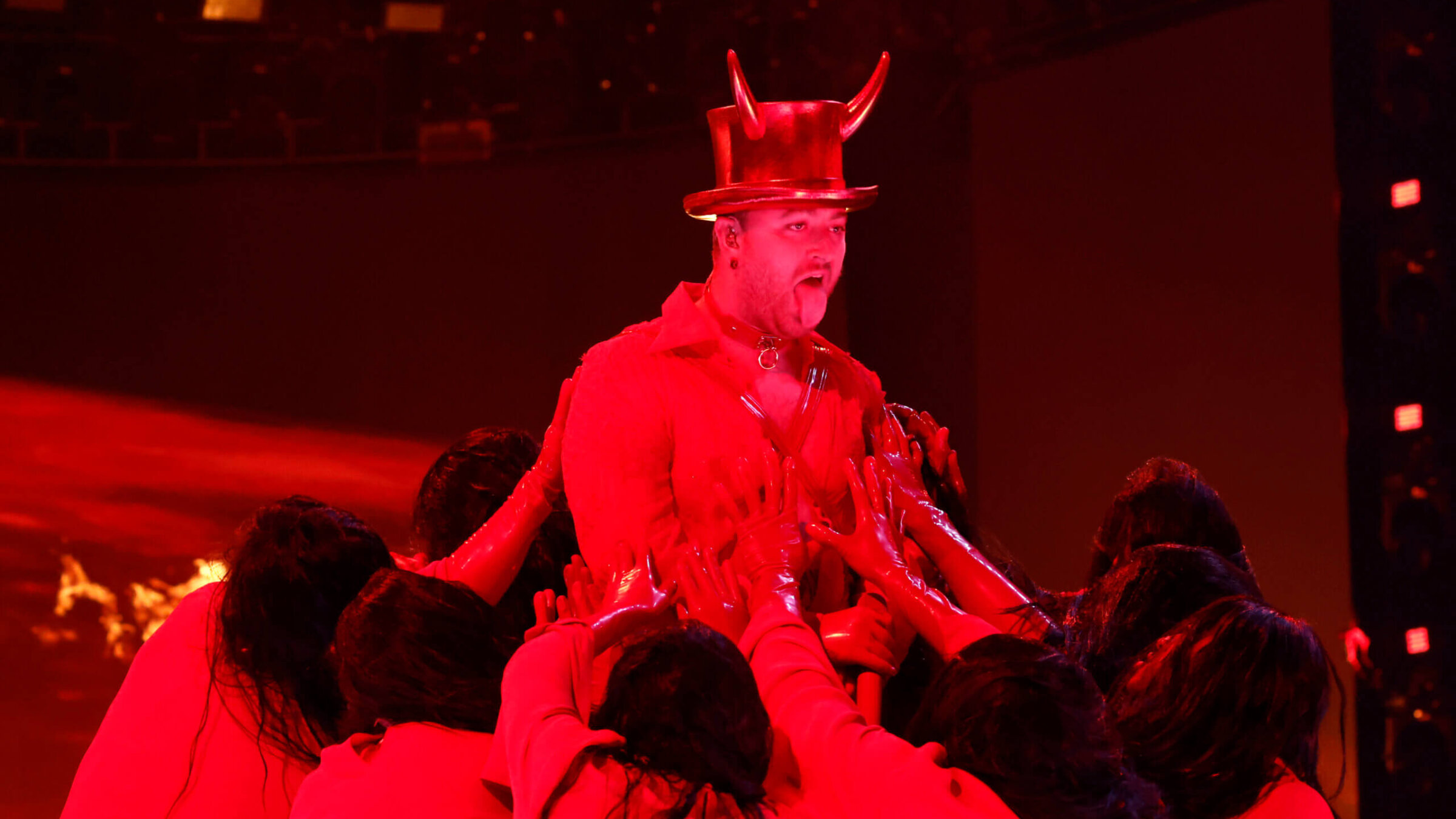 Sam Smith in his very threatening devil horns at the Grammys.