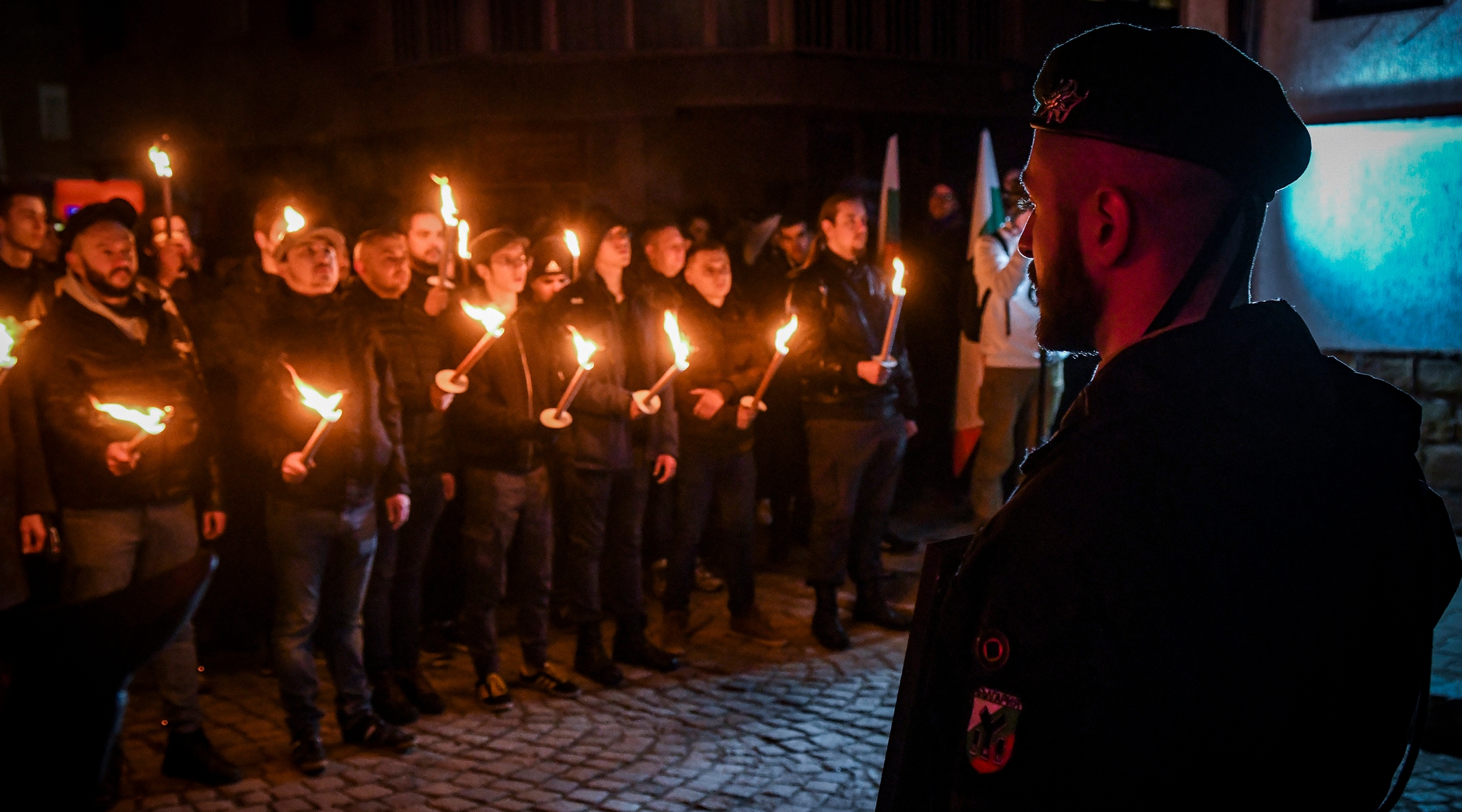 Far-right groups and nationalists carry torches and march to commemorate the Nazi-era Bulgarian General Hristo Lukov in Sofia, Bulgaria, Feb. 12, 2022. (Georgi Paleykov/NurPhoto via Getty Images)