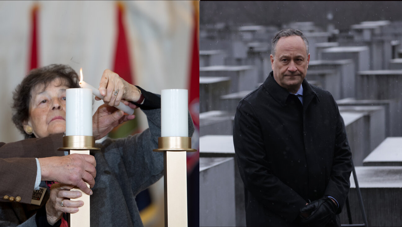 Ruth Cohen, pictured at left during a ceremony at the U.S. Holocaust Memorial Museum in 2018, will be the guest of second gentleman Doug Emhoff at President Joe Biden’s State of the Union speech, Feb. 7, 2023. Emhoff is pictured here during a visit to Berlin’s Holocaust memorial in January 2023. (Cohen by Saul Loeb/AFP via Getty Images; Emhoff by Sean Gallup/Getty Images)