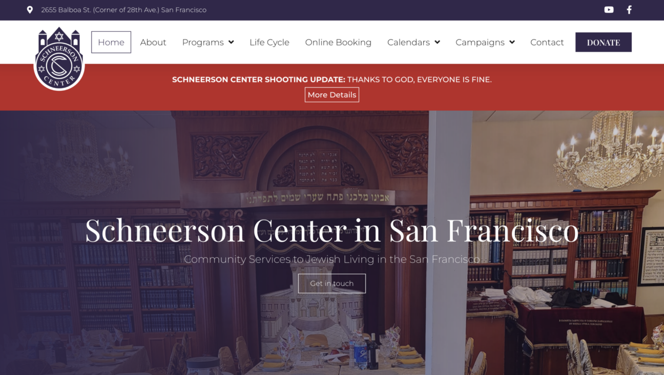 The website of the Schneerson Center in San Francisco was updated to show that no one was hurt in an incident that took place Feb. 1, 2023. (Screenshot)