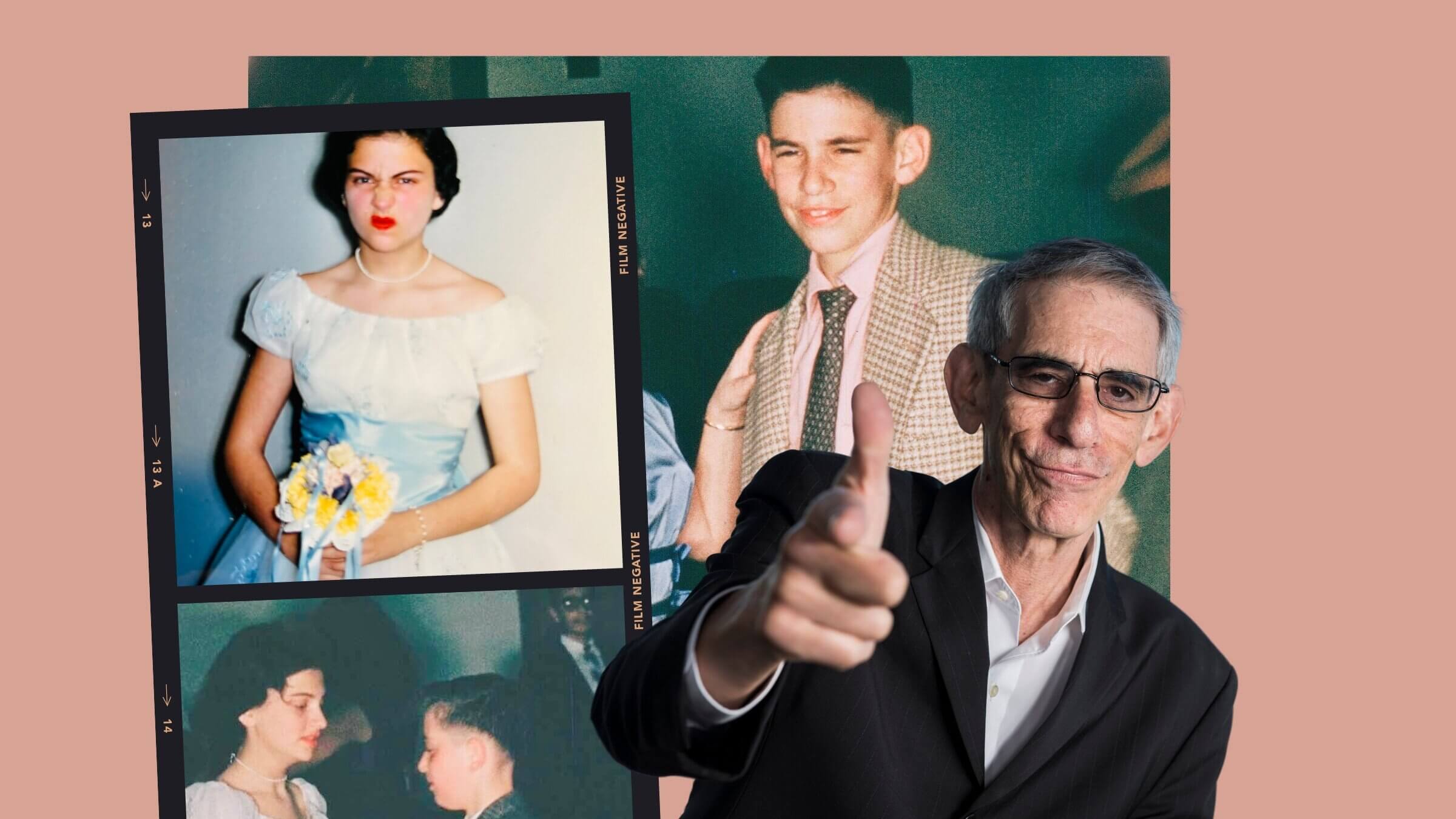 Clockwise from left to right, Roberta Schine at her bat mitzvah; a young Richard Belzer at Schine's party; Belzer in 2012, and Schine dancing with another guest.