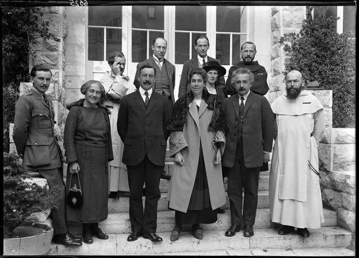 Albert Einstein, front row second from right, and his wife Elsa, second left, during their visit to Jerusalem.