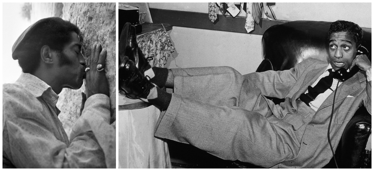 Sammy Davis Jr. at the Western Wall in 1969, and on the phone, circa 1955. (Wikimedia/Getty)