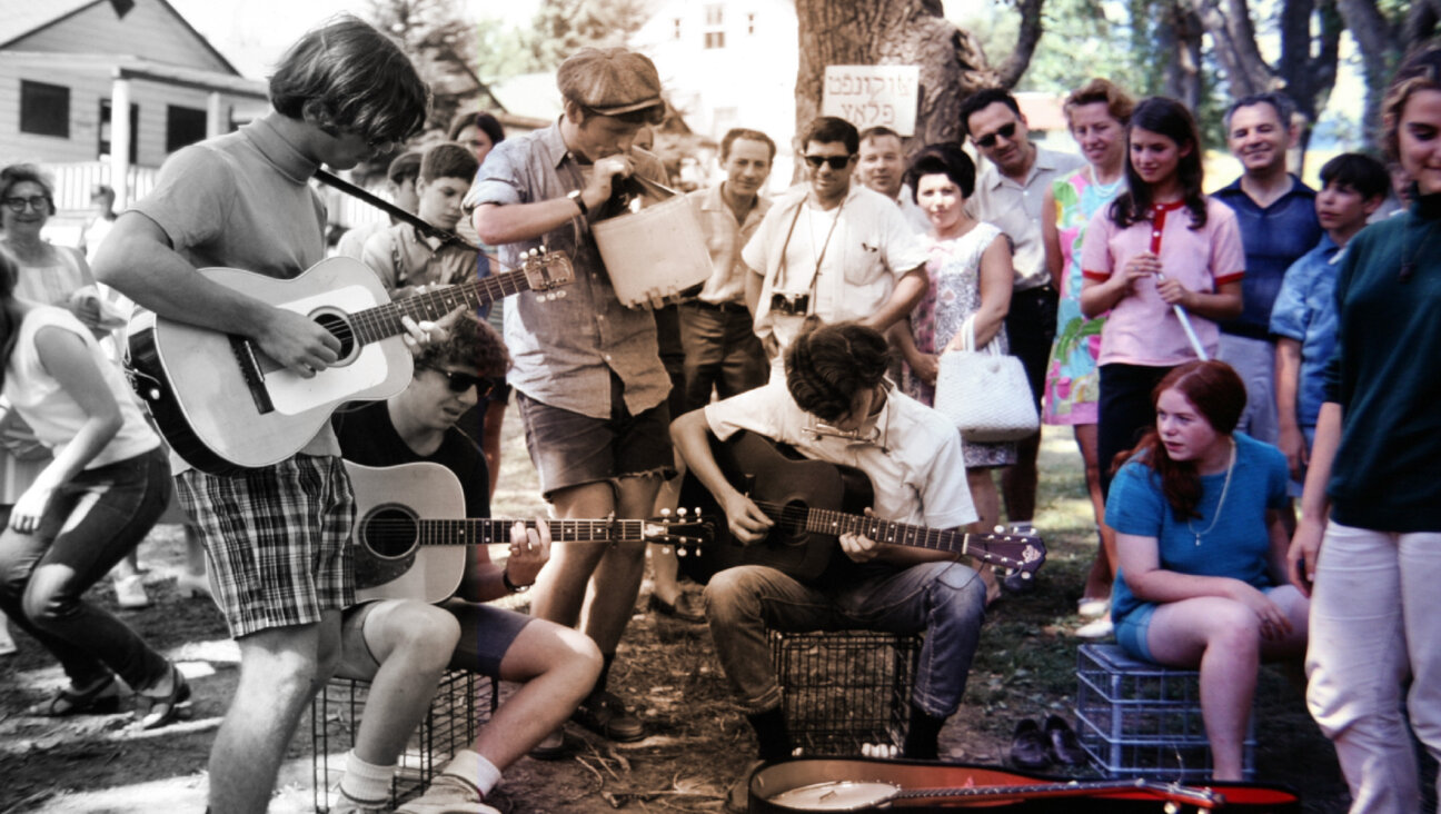 American summer camps changed in significant ways over the decades, even as they remained a consistent feature of American Jewish life, according to historian Sandra Fox. (Photo of Boys playing guitar at Camp Hemshekh in the late 1960s courtesy of Kolodny Family Archives; illustration by Mollie Suss)