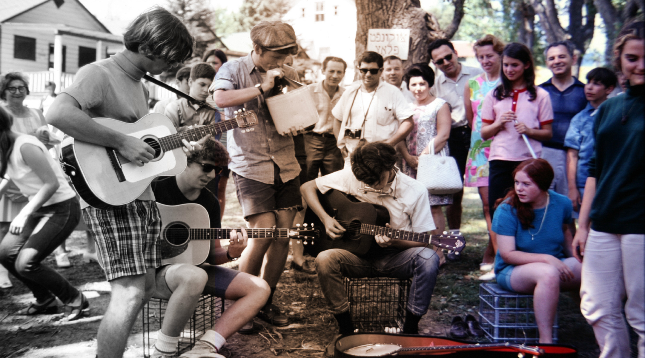American summer camps changed in significant ways over the decades, even as they remained a consistent feature of American Jewish life, according to historian Sandra Fox. (Photo of Boys playing guitar at Camp Hemshekh in the late 1960s courtesy of Kolodny Family Archives; illustration by Mollie Suss)