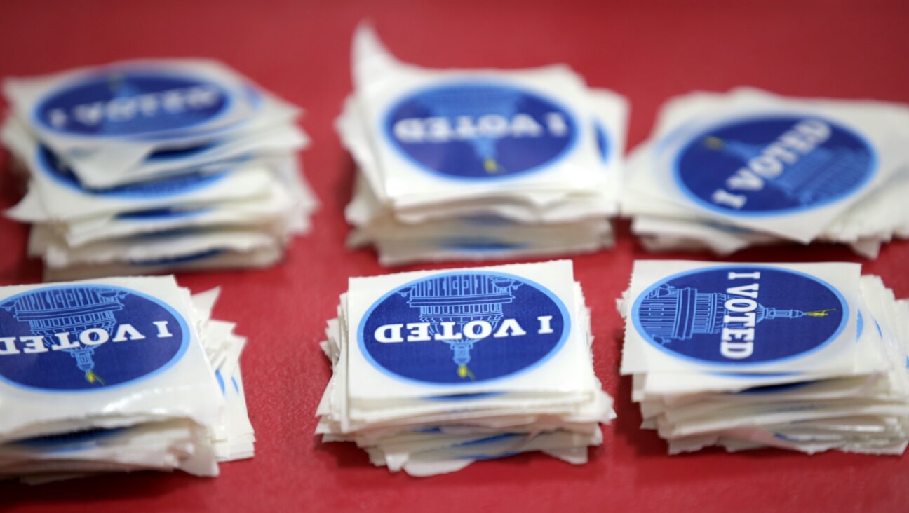 I voted stickers at the Hope Highlands Middle School polling site in Cranston, Rhode Island, Nov. 3, 2020. (Photo by Jonathan Wiggs/The Boston Globe via Getty Images)