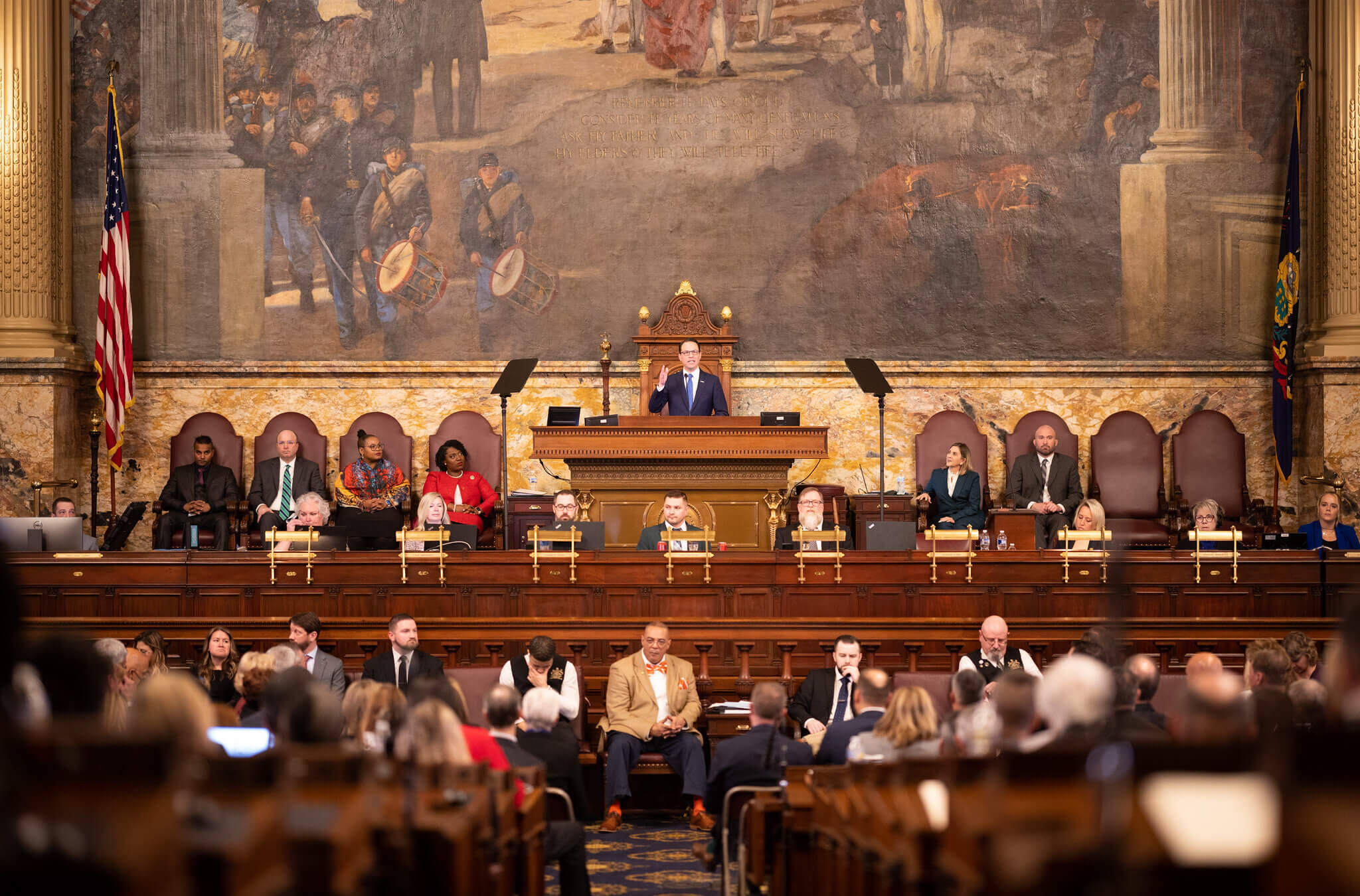 Gov. Josh Shapiro addresses the Pennsylvania state legislature on March 7, 2023. 