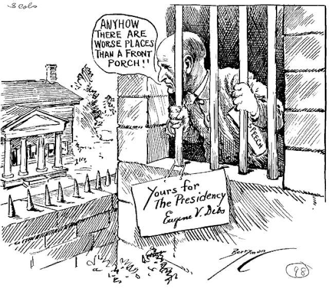 An October 1920 political cartoon showing Eugene V. Debs campaigning from jail.