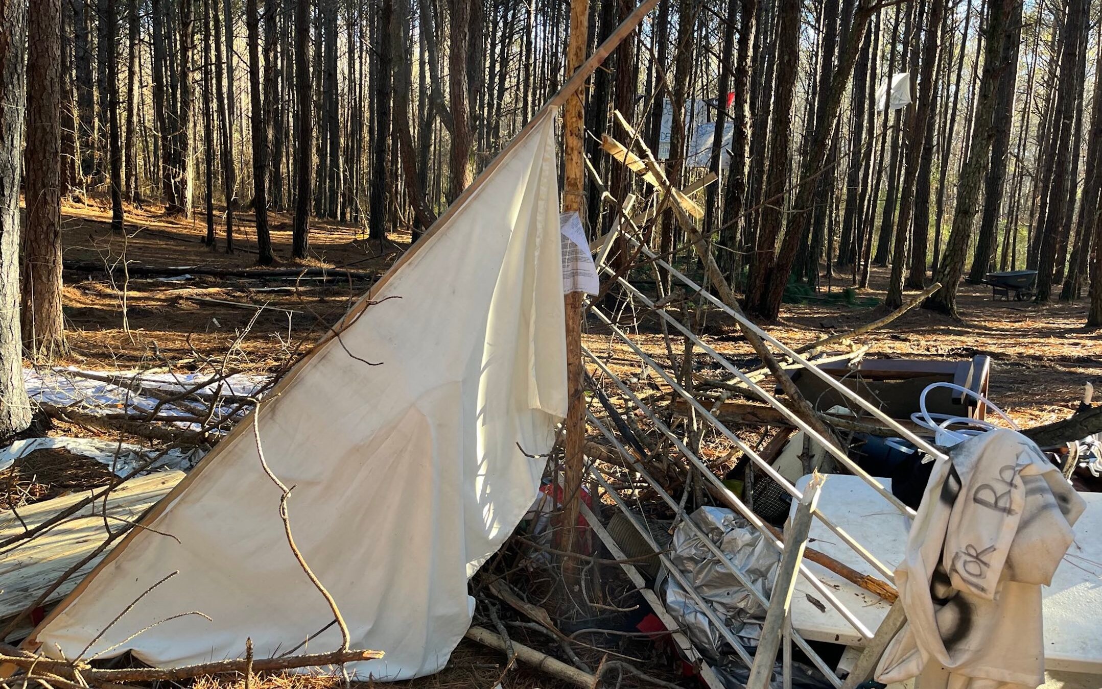The remnants of the sukkah at the “No Cop City” protest in a forest in Atlanta, where Jewish activists are joining a fight against the construction of a police training facility. (Courtesy Fayer Atlanta)