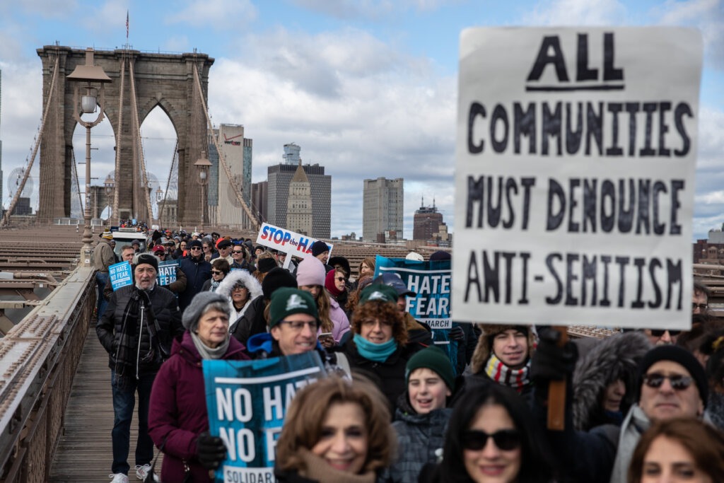 Participants at a Jewish solidarity march across the Brooklyn Bridge on Jan. 5, 2020. (Getty)
