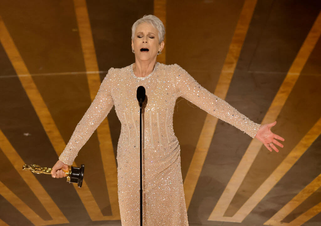 Jamie Lee Curtis accepts the best supporting actress for <i>Everything Everywhere All at Once.</i>