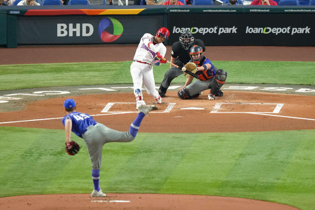 Jacob Steinmetz pitches to reigning home run derby champion Juan Soto in the first inning of the World Baseball Classic.