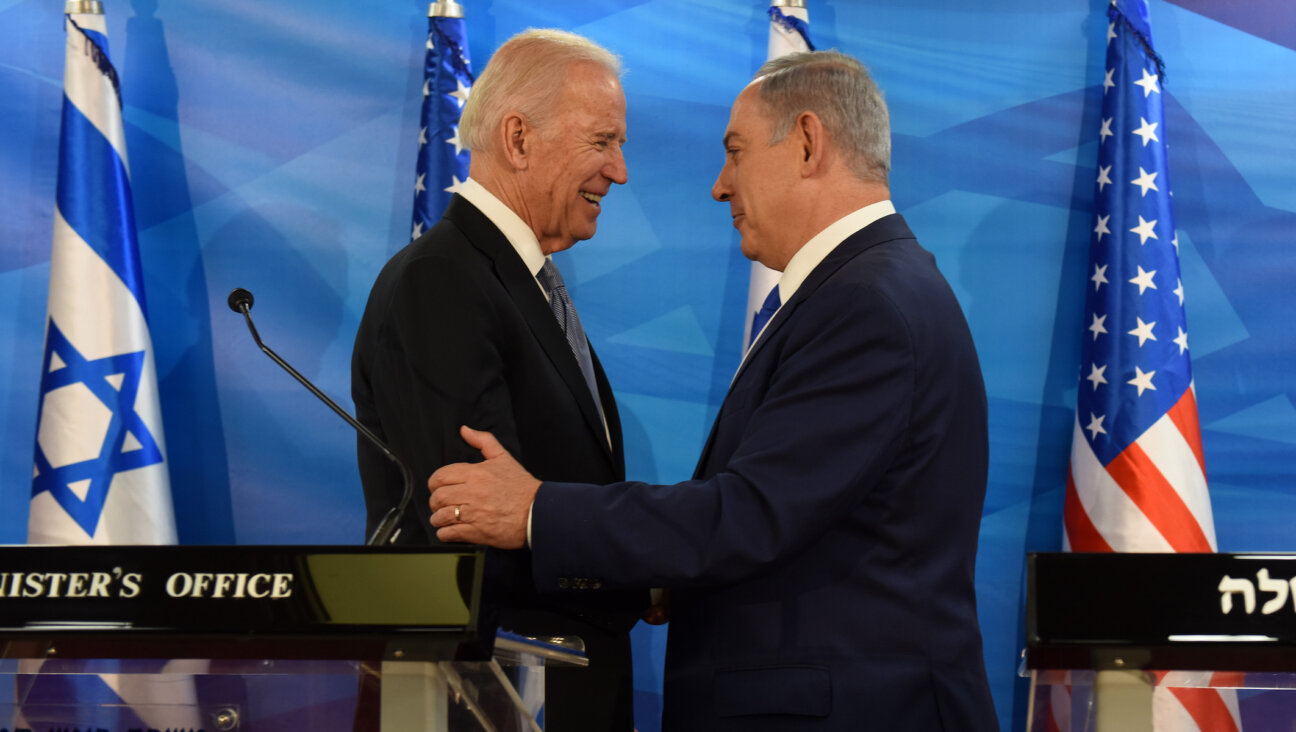 Then-Vice President Joe Biden, left, and Israeli Prime Minister Benjamin Netanyahu shake hands while giving joint statements at the Prime Minister’s Office in Jerusalem, March 9, 2016. (Debbie Hill/AFP via Getty Images) / AFP / POOL / DEBBIE HILL (Photo credit should read DEBBIE HILL/AFP via Getty Images)