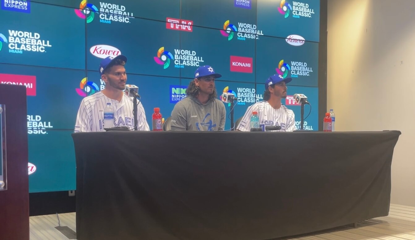From left to right, Spencer Horwitz, Dean Kremer and Garrett Stubbs speak following Team Israel's 3-1 victory over Nicaragua in the 2023 World Baseball Classic.