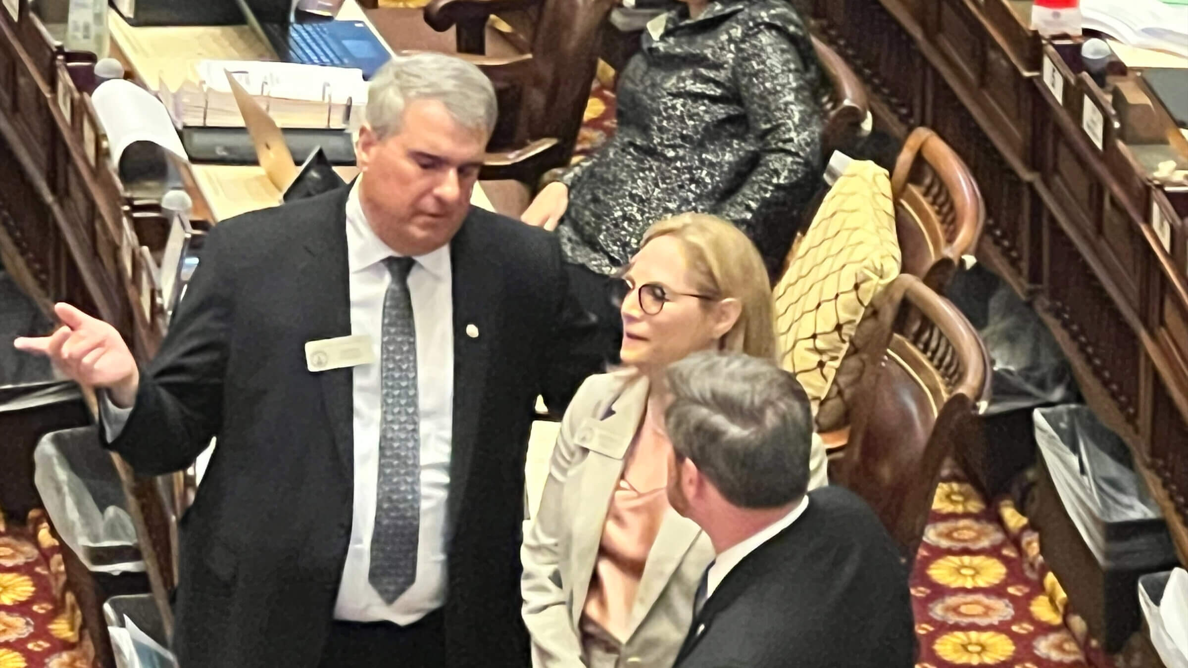 Democrat Esther Panitch (<i>center</i>), Georgia's only Jewish legislator, stands with Republican John Carson (<i>left</i>). The two co-sponsored a bill defining antisemitism that recently was approved by the state House of Representatives. The state Senate did not vote on the bill before the legislative session ended. 