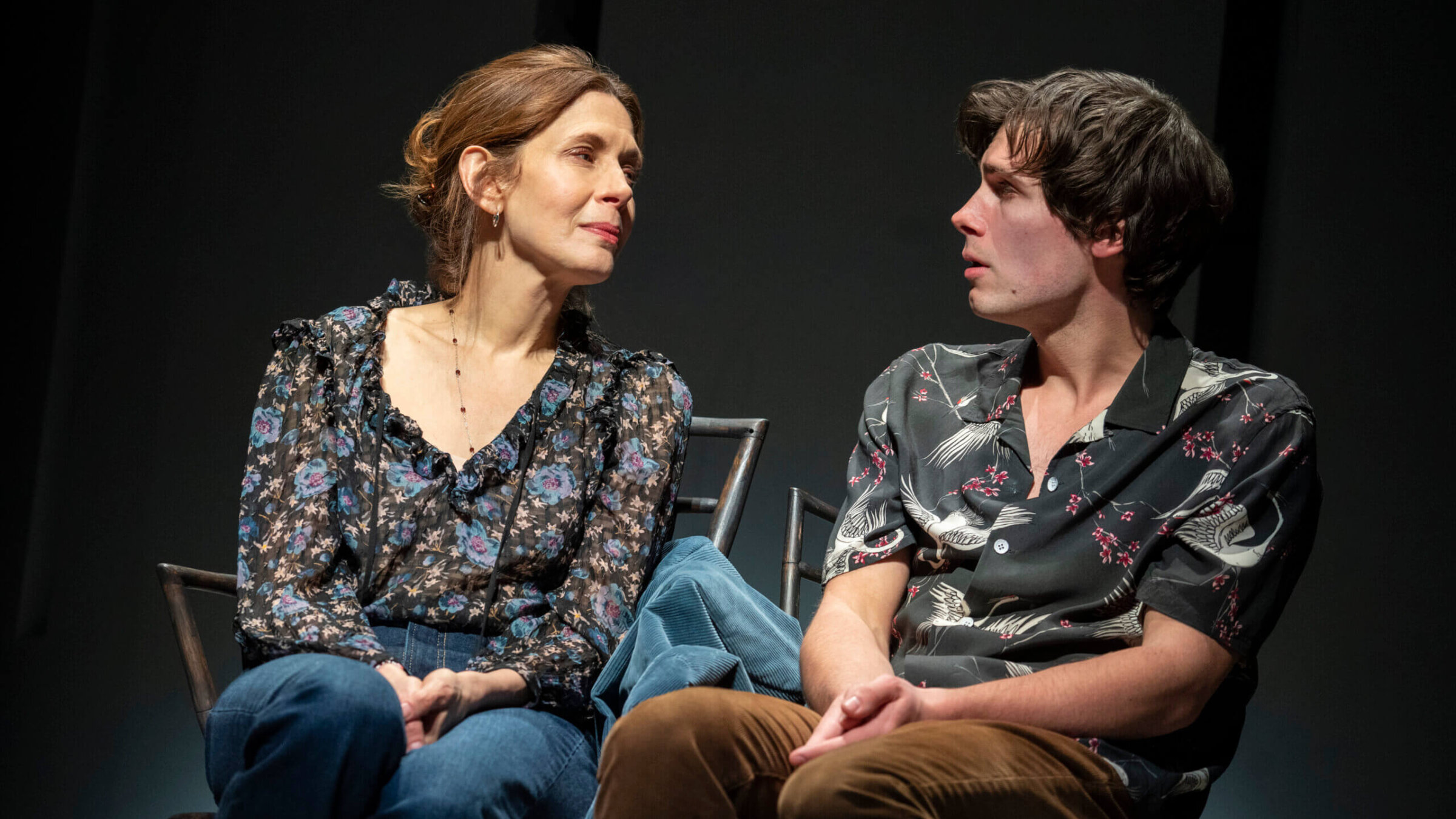Jessica Hecht as the playwright Sarah Ruhl, with Zane Pais as Max