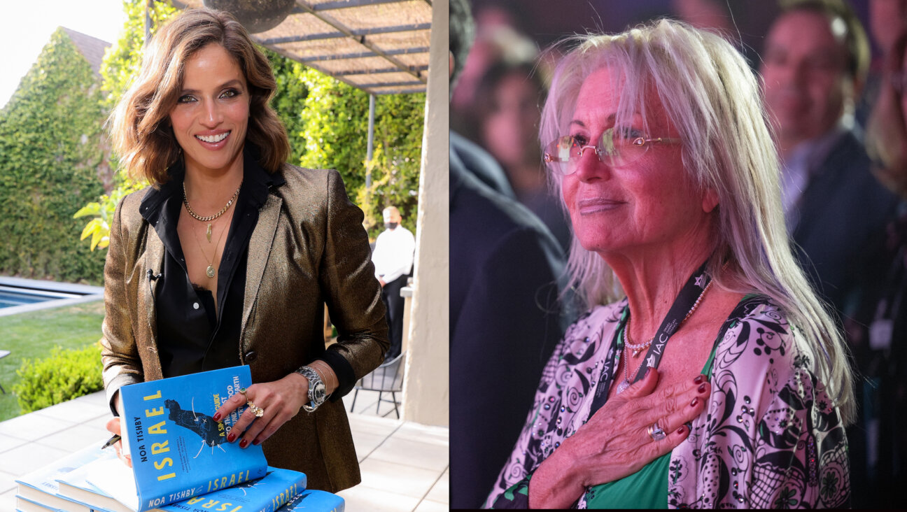 Left: Noa Tishby signs copies of her book “Israel: A Simple Guide” at a launch event in Los Angeles, April 6, 2021. (Rich Fury/Getty Images for Wolman Wealth Management) Right: Miriam Adelson attends the Israeli American Council’s national summit in Austin, Texas, Jan. 19, 2023. (Shahar Azran/Getty Images)