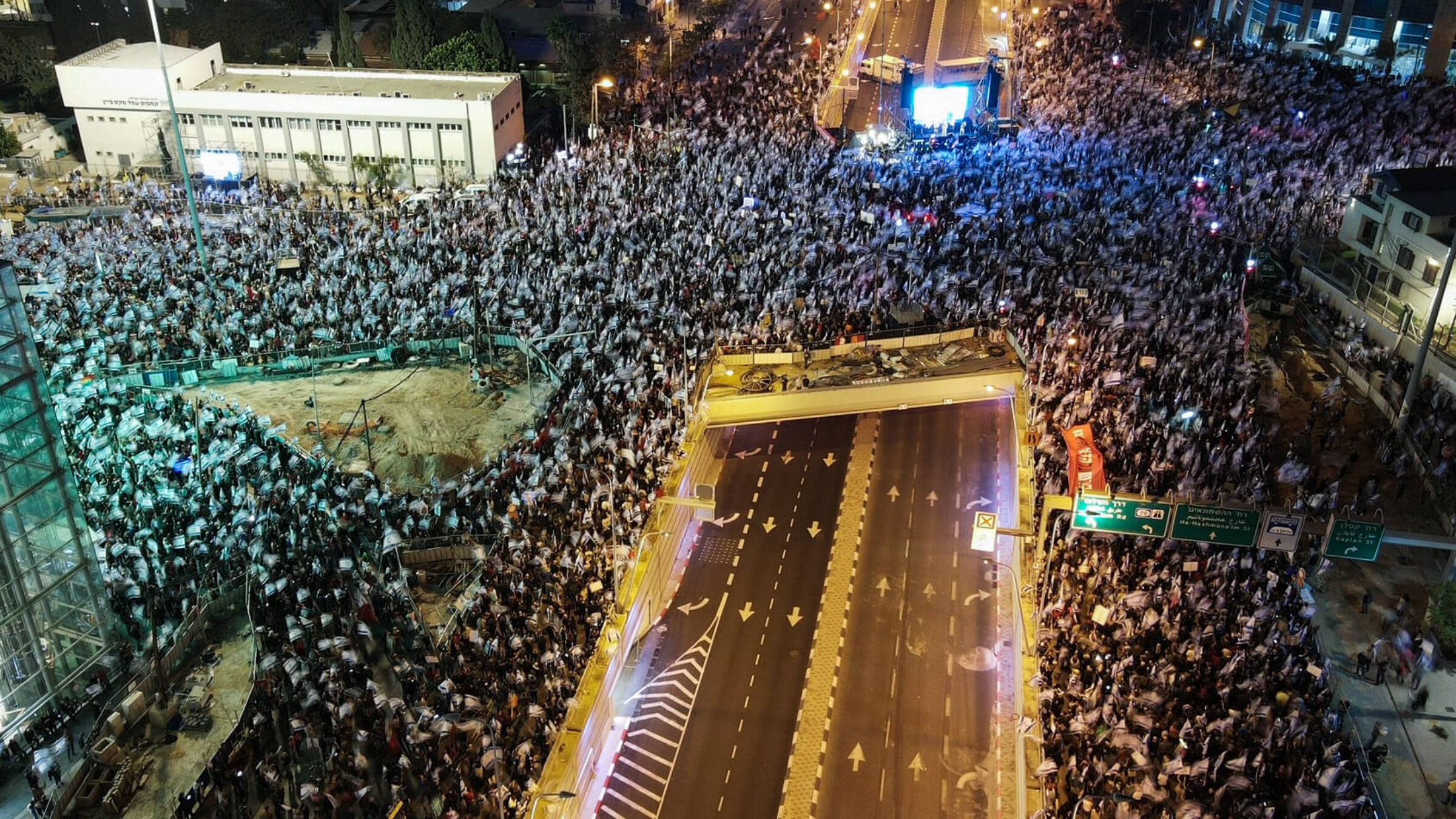 An aerial picture shows a protest against the Israeli government's controversial judicial reform bill in Tel Aviv on March 11, 2023. 
