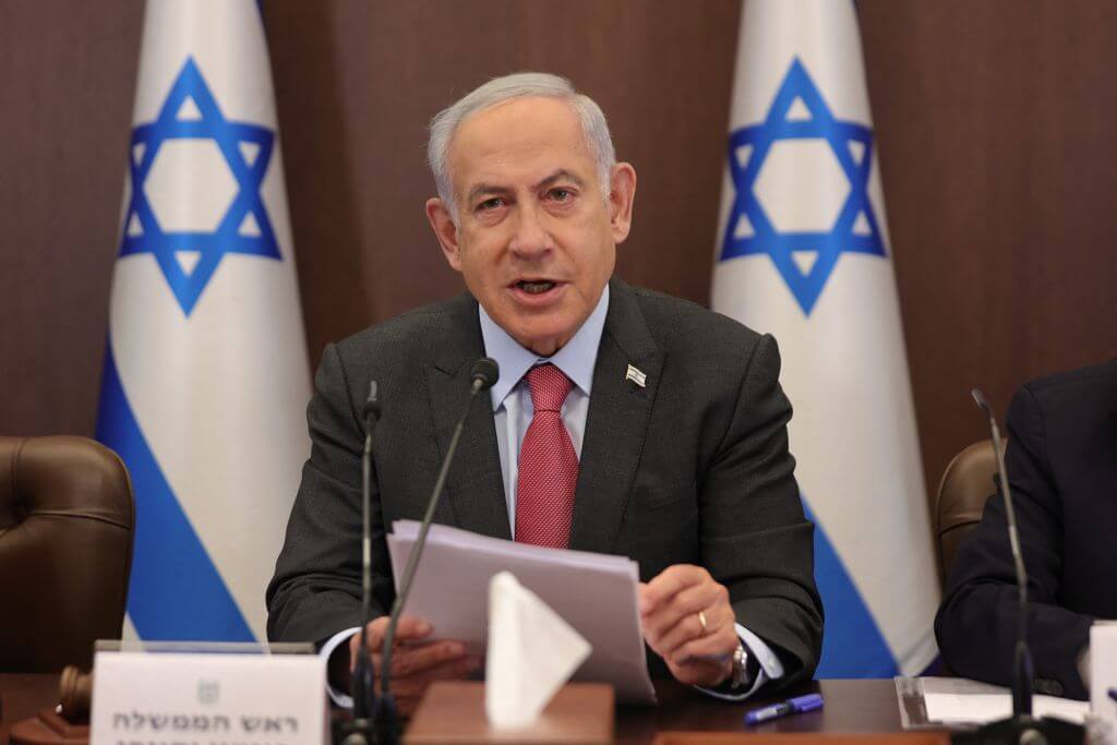 Israeli Prime Minister Benjamin Netanyahu attends the weekly cabinet meeting at his office in Jerusalem, on March 19, 2023.