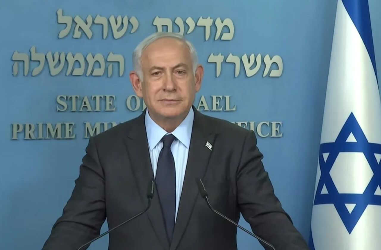 Prime Minister Benjamin Netanyahu addresses the nation, earlier on Monday evening.