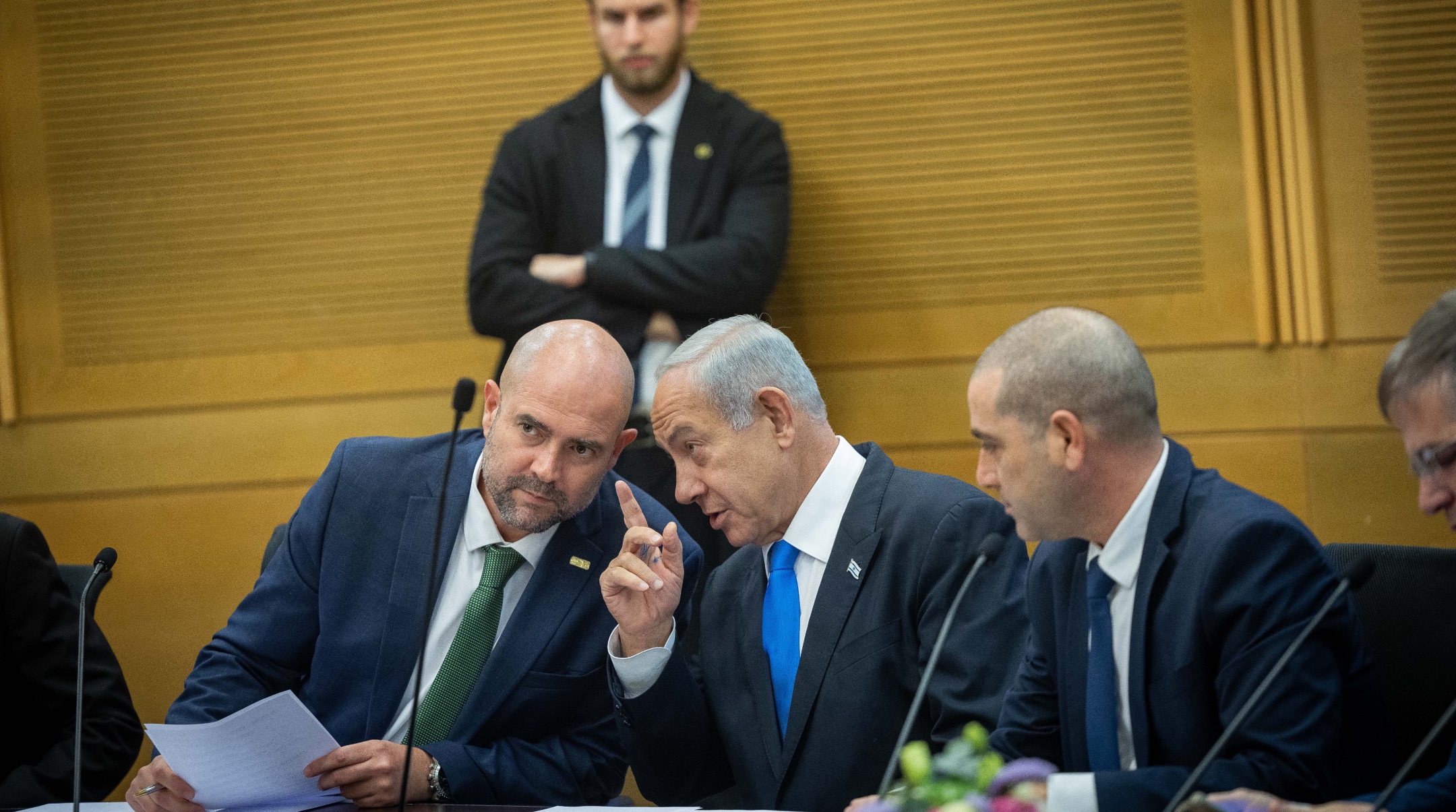 Israeli Prime Minister and head of the Likud party Benjamin Netanyahu with Knesset speaker Amir Ohana during a Likud party meeting at the Knesset, the Israeli parliament in Jerusalem, Feb. 6, 2023. (Yonatan Sindel/Flash90)