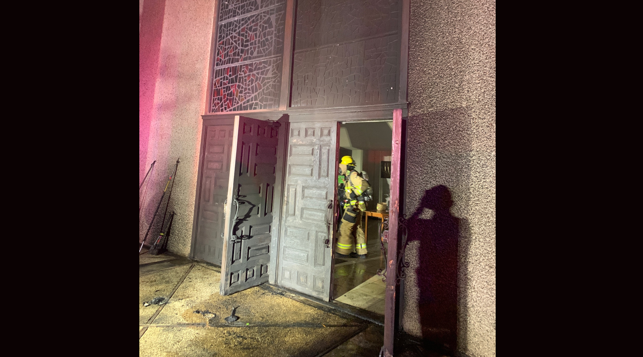 A fire at Congregation Beth Israel in Austin, Texas set on Sunday, Oct. 31, 2021 damaged the sanctuary, historic front doors and stained glass windows at the Reform synagogue. (Austin Fire Department)