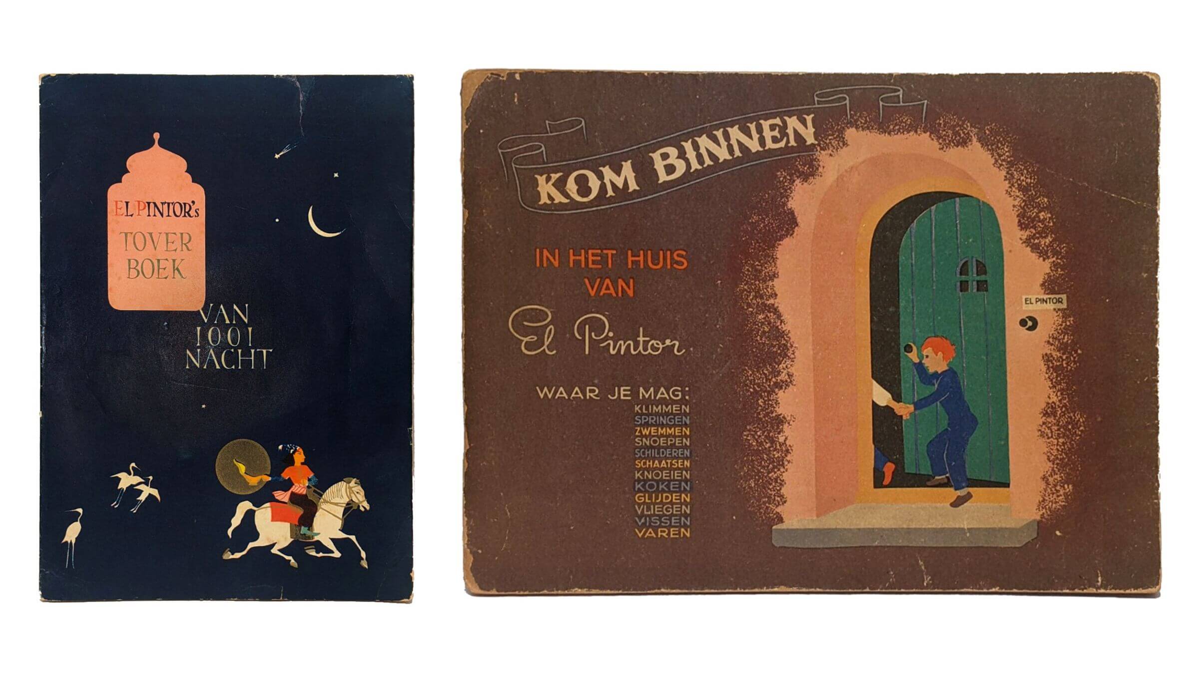 The photo shows two children's book covers. One features a horseman flying across the night sky; the other features a red-headed child knocking on a wooden door.