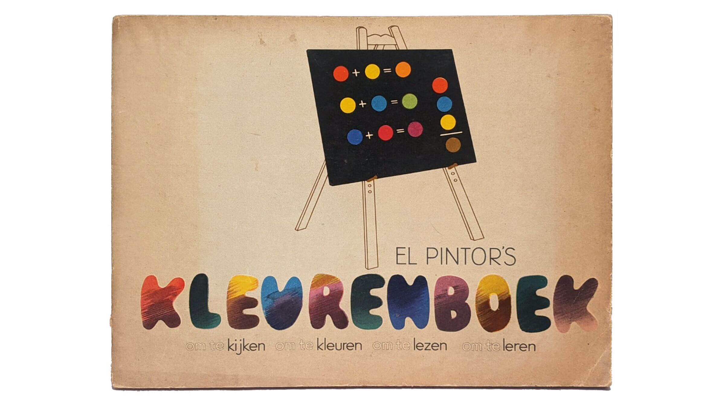 The photo shows the cover of a children's book, which is titled 'Kleurenboek' and features a many-colored canvas on an easel.