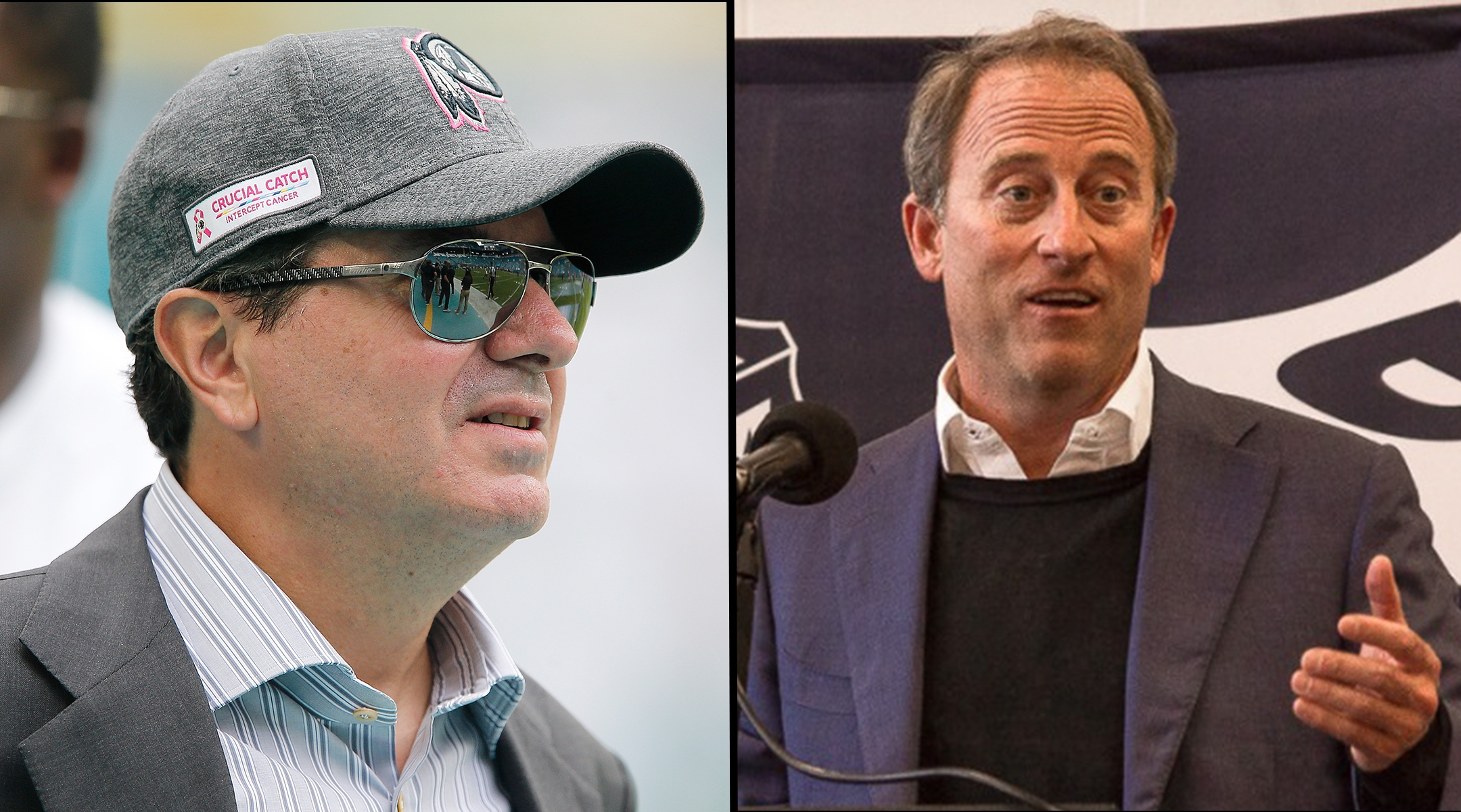 Washington Commanders owner Dan Snyder, left, is reportedly selling his NFL franchise to Josh Harris, right. (Getty/Wikimedia Commons)