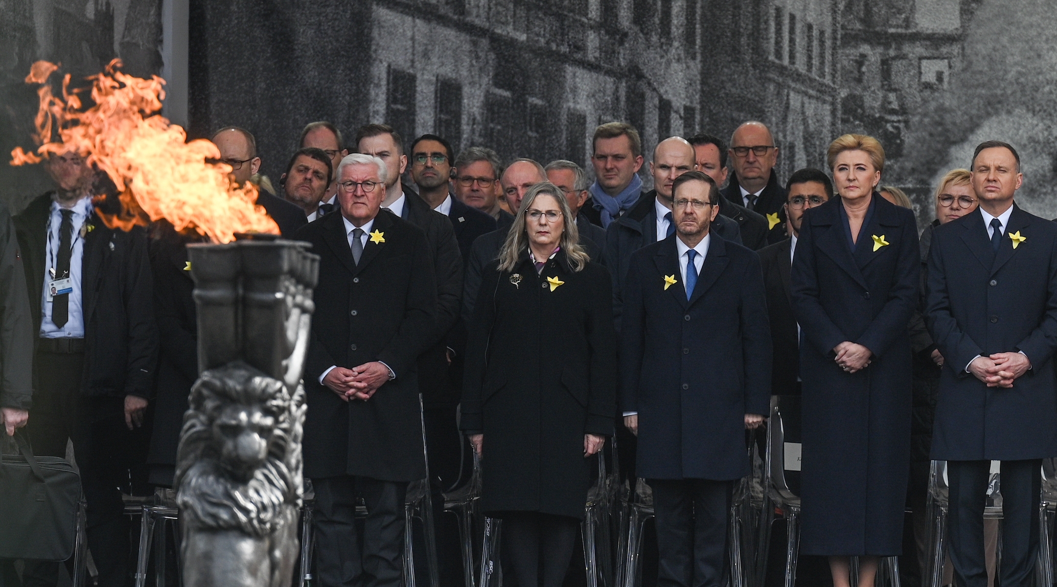 A few hundred politicians, Jewish leaders and others marked the 80th anniversary of the Warsaw Ghetto Uprising at the Ghetto Heroes Monument in Warsaw, April 19, 2023. (Artur Widak/Anadolu Agency via Getty Images)
