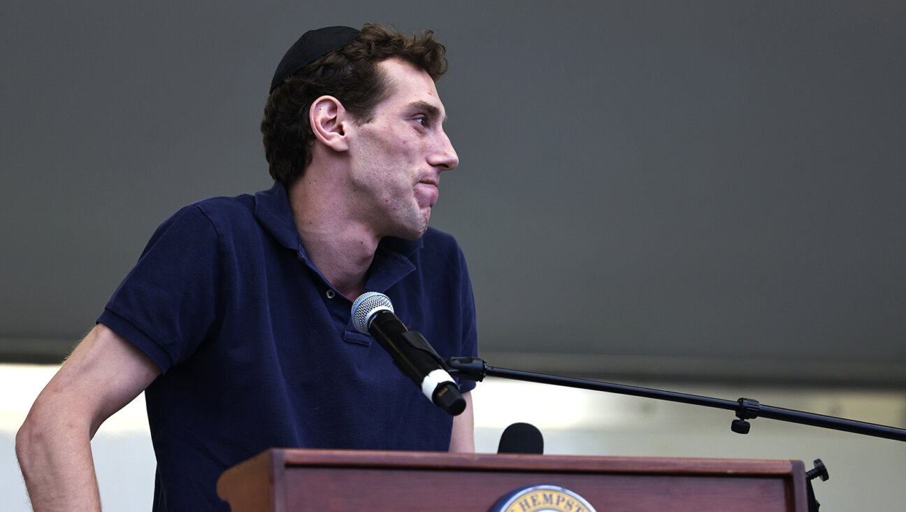 Joseph Borgen speaks during a rally denouncing antisemitic violence on May 27, 2021 in Cedarhurst, New York.